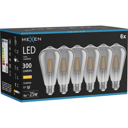 Mexen Vintis 6x LED filament spuldze E27, ST64, 4W, Silta - 2700K, 300 lm, dūmakaina - L152-E27-0427-70x06