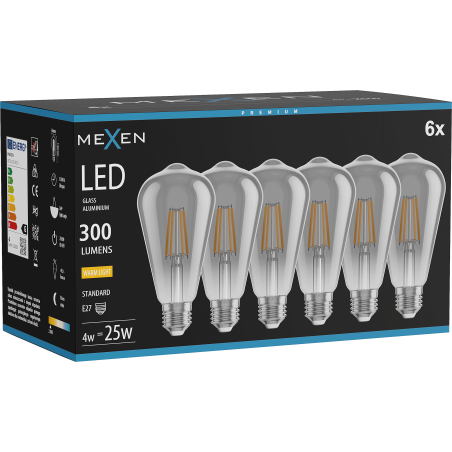 Mexen Vintis 6x żarówka filament LED E27, ST64, 4W, Ciepła - 2700K,  300 lm, smoke - L152-E27-0427-70x06