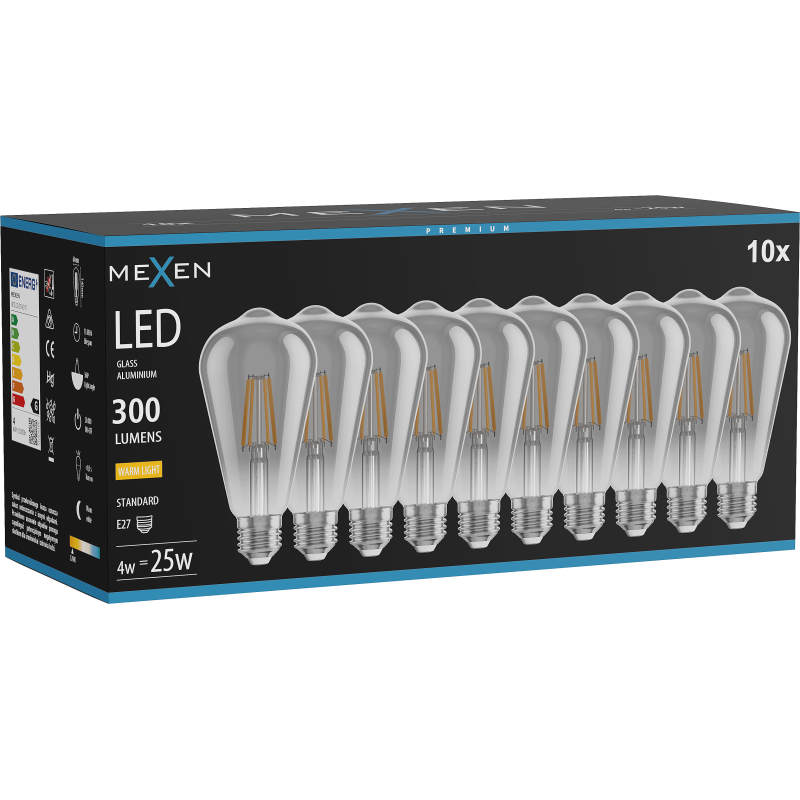 Mexen Vintis 10x LED filamenta spuldze E27, ST64, 4W, Silta - 2700K, 300 lm, dūmaka - L152-E27-0427-70x10
