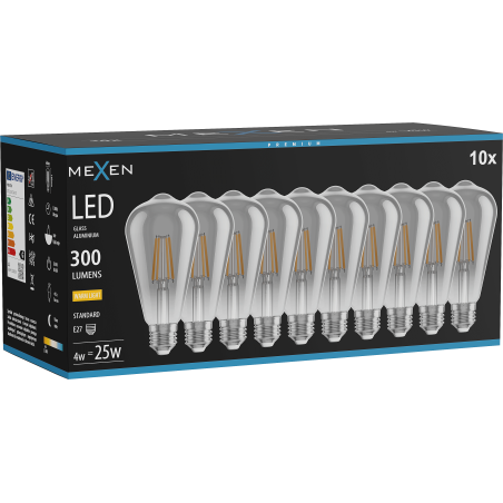 Mexen Vintis 10x Lampadina LED a filamento E27, ST64, 4W, Calda - 2700K, 300 lm, smoke - L152-E27-0427-70x10