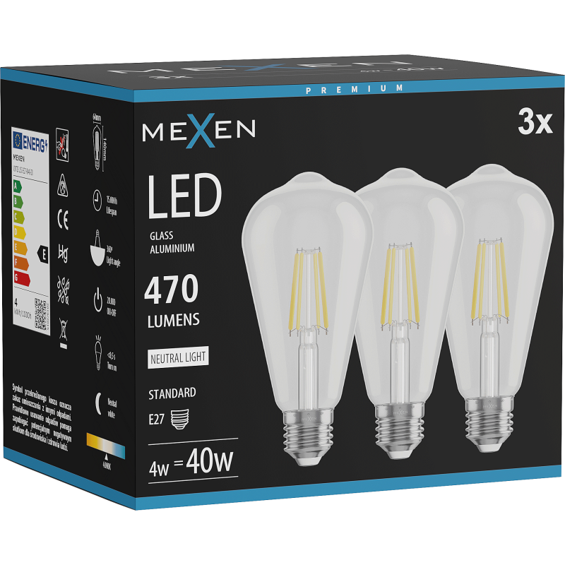 Mexen Vintis 3x LED filament žarnica E27, ST64, 4W, Nevtralna - 4000K, 470 lm, prozorna - L152-E27-0440-00x03