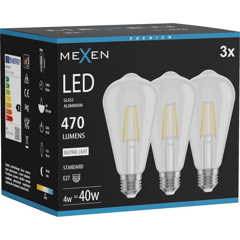 Mexen Vintis 3x żarówka filament LED E27, ST64, 4W, Neutralna - 4000K, 470 lm, clear - L152-E27-0440-00x03