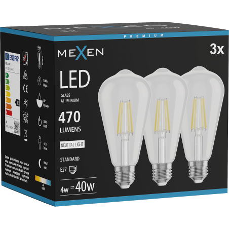 Mexen Vintis 3x LED Filament Glühbir E27, ST64, 4W, Neutral - 4000K, 470 lm, klar - L152-E27-0440-00x03