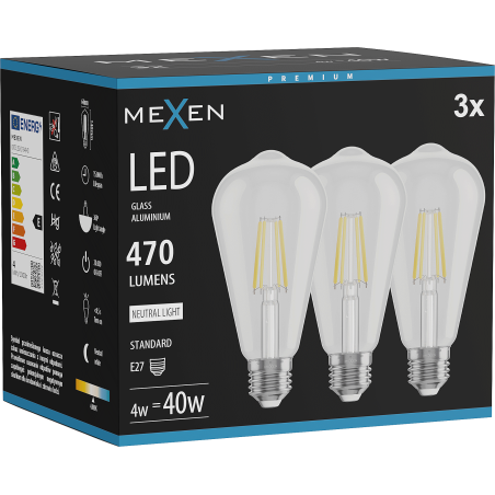 Mexen Vintis 3x LED-filamentlampa E27, ST64, 4W, Neutral - 4000K, 470 lm, klar - L152-E27-0440-00x03