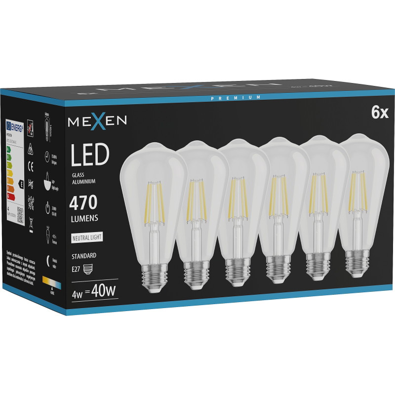 Mexen Vintis 6x LED filamenttilamppu E27, ST64, 4W, Neutraali - 4000K, 470 lm, kirkas - L152-E27-0440-00x06