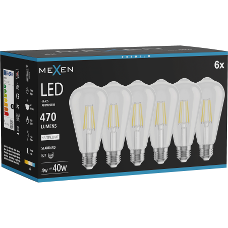 Mexen Vintis 6x LED-filamentlampa E27, ST64, 4W, Neutral - 4000K, 470 lm, klar - L152-E27-0440-00x06