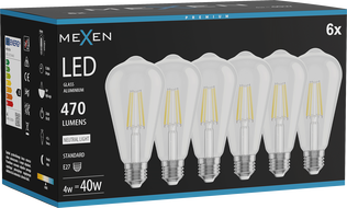 Mexen Vintis 6x LED Filament Bulb E27, ST64, 4W, Neutral - 4000K, 470 lm, clear - L152-E27-0440-00x06