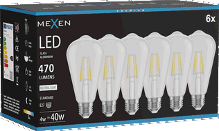 Mexen Vintis 6x żarówka filament LED E27, ST64, 4W, Neutralna - 4000K, 470 lm, clear - L152-E27-0440-00x06