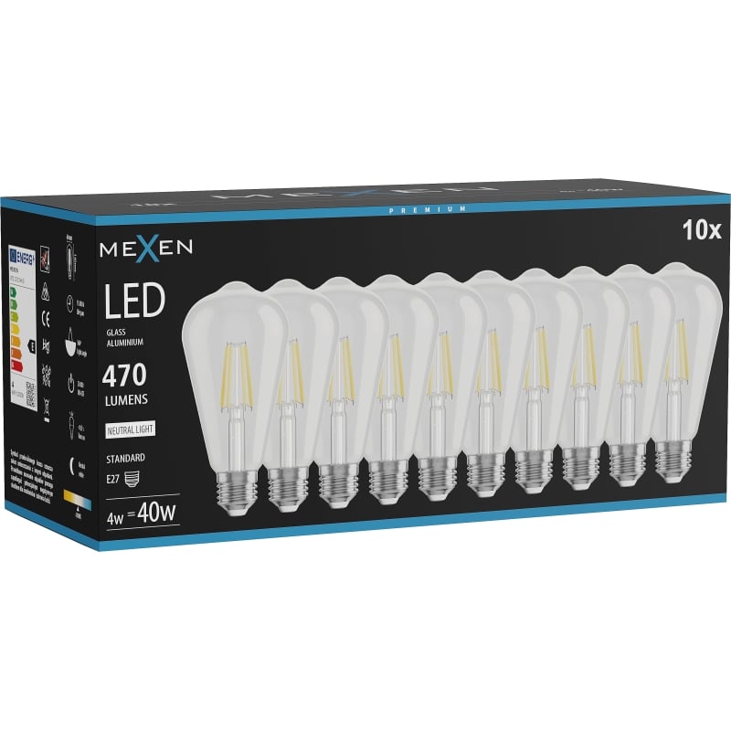 Mexen Vintis 10x filament LED-lamp E27, ST64, 4W, Neutraal - 4000K, 470 lm, helder - L152-E27-0440-00x10