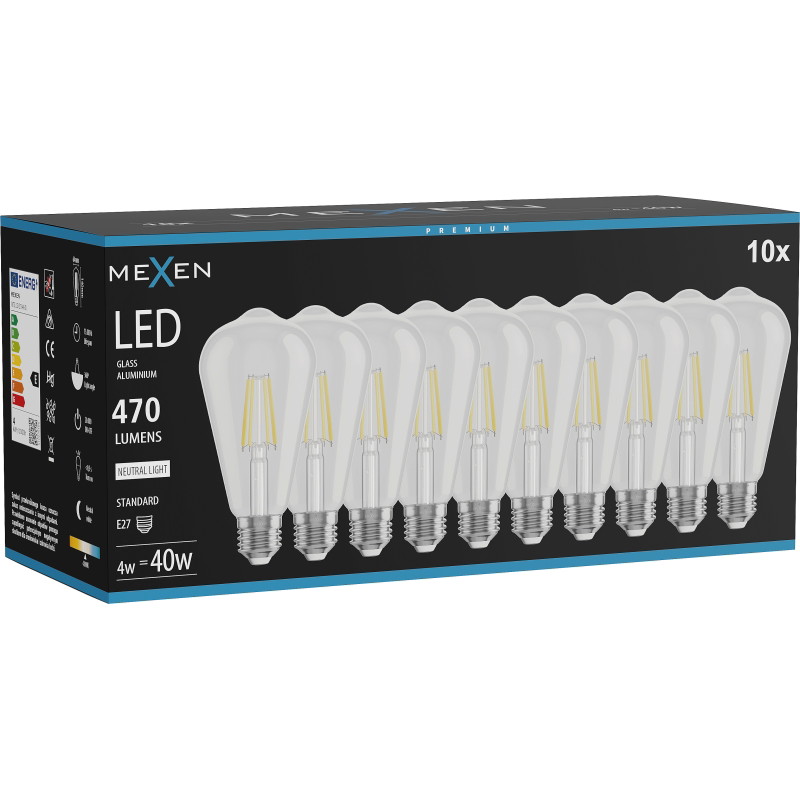 Mexen Vintis 10x LED-filamenttilamppu E27, ST64, 4W, Neutraali - 4000K, 470 lm, kirkas - L152-E27-0440-00x10