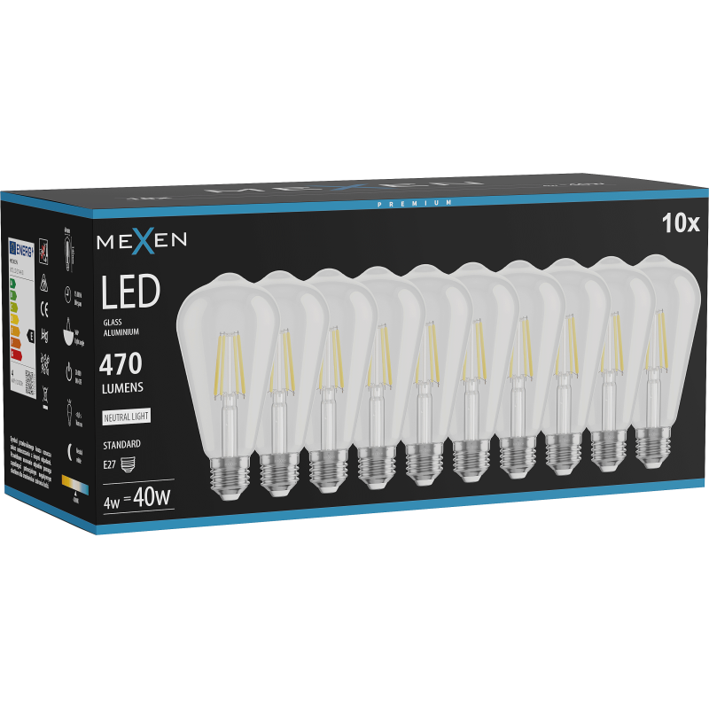 Mexen Vintis 10x LED žarnica z nitko E27, ST64, 4W, Nevtralna - 4000K, 470 lm, prozorna - L152-E27-0440-00x10