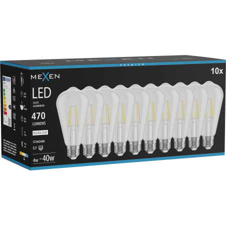 Mexen Vintis 10x Lampadina filamento LED E27, ST64, 4W, Neutro - 4000K, 470 lm, chiara - L152-E27-0440-00x10