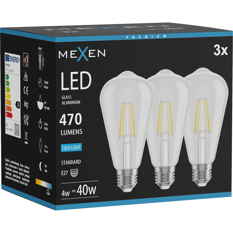 Mexen Vintis 3x LED Filament Bulb E27, ST64, 4W, Cold - 6500K, 470 lm, clear - L152-E27-0465-00x03