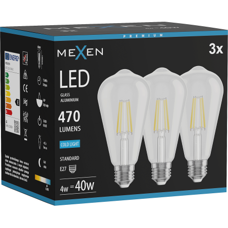 Mexen Vintis 3x Lampadina a filamento LED E27, ST64, 4W, Fredda - 6500K, 470 lm, trasparente - L152-E27-0465-00x03