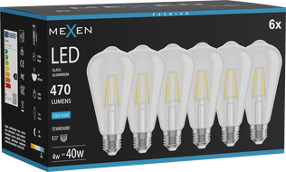 Mexen Vintis 6x LED-filamentpirn E27, ST64, 4W, külm - 6500K, 470 lm, kirgas - L152-E27-0465-00x06