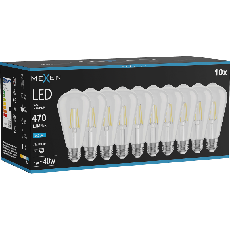Mexen Vintis 10x LED diegu kvēlspuldze E27, ST64, 4W, Auksta - 6500K, 470 lm, caurspīdīga - L152-E27-0465-00x10