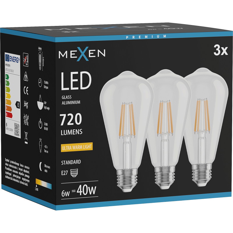 Mexen Vintis 3x Lampadina a filamento LED E27, ST64, 6W, Calda - 2200K, 720 lm, trasparente - L152-E27-0622-00x03