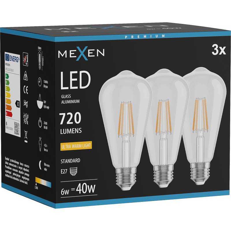 Mexen Vintis 3x Λαμπτήρας νήματος LED E27, ST64, 6W, Θερμό - 2200K, 720 lm, διαφανής