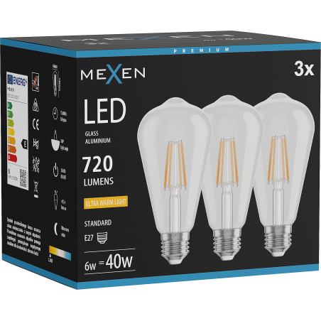 Mexen Vintis 3x LED filamentlampa E27, ST64, 6W, Varm - 2200K, 720 lm, klar - L152-E27-0622-00x03