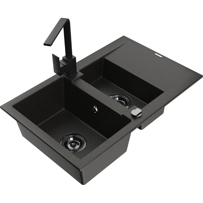 Mexen Gaspar fregadero de granito 1,5-cubetas con escurridor y grifo de cocina Rita, negro/dorado - 6507-75-670300-70-B