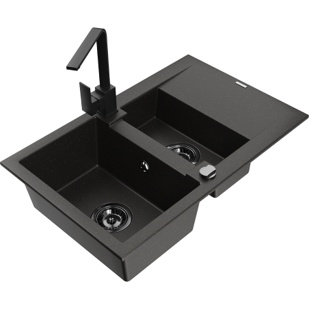 Mexen Gaspar 1.5-bowl granite sink with drainer and kitchen faucet Rita, black/gold - 6507-75-670300-70-B