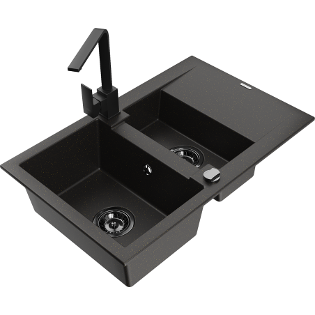Mexen Gaspar 1.5-bowl granite sink with drainer and Rita kitchen tap, black/gold - 6507-75-670300-70-B