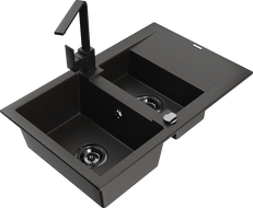 Mexen Gaspar lavello in granito 1,5 vasca con scolapiatti e rubinetto da cucina Rita, nero/oro - 6507-75-670300-70-B