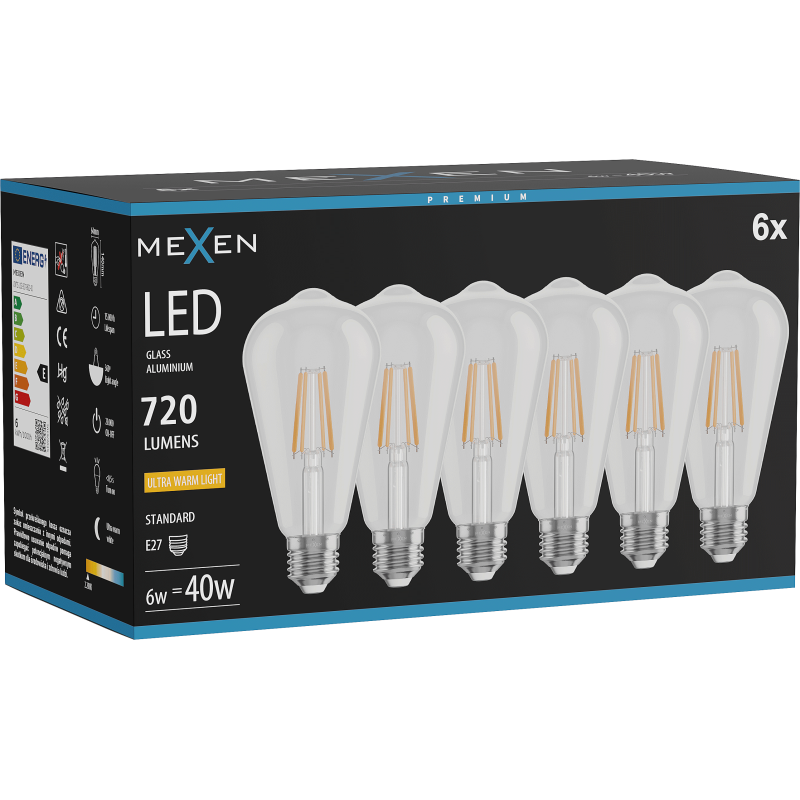 Mexen Vintis 6x LED filament žarnica E27, ST64, 6W, Topla - 2200K, 720 lm, prozorna - L152-E27-0622-00x06