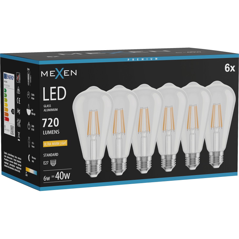 Mexen Vintis 6x LED filamentlamp E27, ST64, 6W, Warm - 2200K, 720 lm, helder - L152-E27-0622-00x06