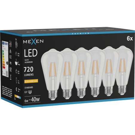 Mexen Vintis 6x Lampadina a filamento LED E27, ST64, 6W, Calda - 2200K, 720 lm, trasparente - L152-E27-0622-00x06