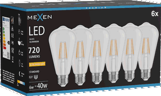 Mexen Vintis 6x Lampadina a filamento LED E27, ST64, 6W, Calda - 2200K, 720 lm, trasparente - L152-E27-0622-00x06