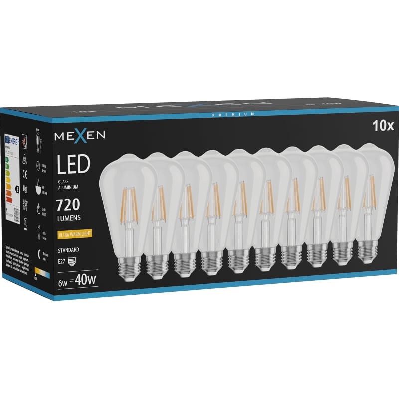Mexen Vintis 10x Lampadina LED filamento E27, ST64, 6W, Calda - 2200K, 720 lm, trasparente - L152-E27-0622-00x10