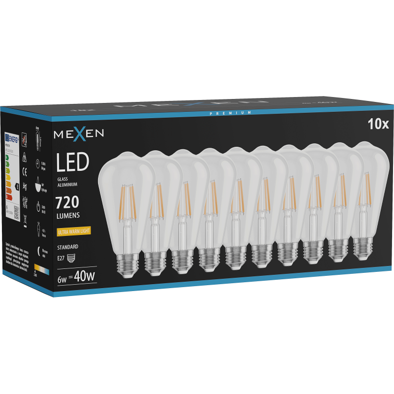 Mexen Vintis 10x LED E27 kvēldiega spuldze, ST64, 6W, Silta - 2200K, 720 lm, caurspīdīga - L152-E27-0622-00x10