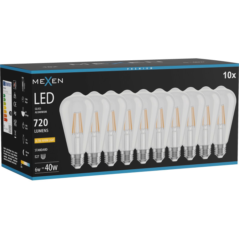 Mexen Vintis 10x LED-filamenttilamppu E27, ST64, 6W, Lämmin - 2200K, 720 lm, kirkas - L152-E27-0622-00x10