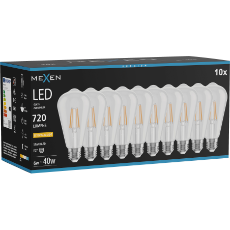 Mexen Vintis 10x Λάμπα filament LED E27, ST64, 6W, Θερμή - 2200K, 720 lm, διαυγής - L152-E27-0622-00x10