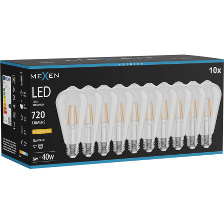 Mexen Vintis 10x żarówka filament LED E27, ST64, 6W, Ciepła - 2200K, 720 lm, clear - L152-E27-0622-00x10