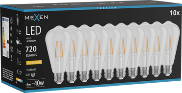 Mexen Vintis 10x LED-filamentlambipirn E27, ST64, 6W, Soe - 2200K, 720 lm, läbipaistev - L152-E27-0622-00x10
