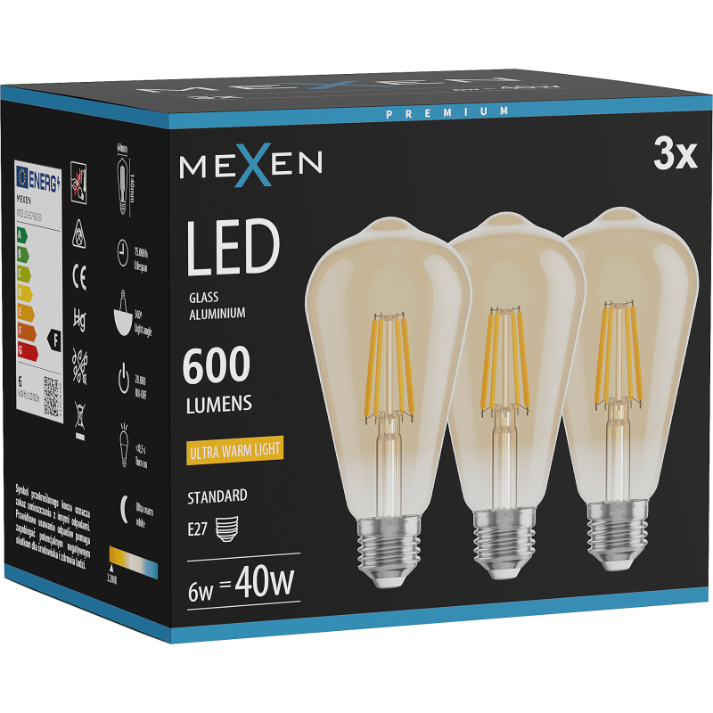 Mexen Vintis 3x Λάμπα νήματος LED E27, ST64, 6W, Θερμό - 2200K, 600 lm, κεχριμπάρι
