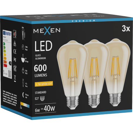 Mexen Vintis 3x Λάμπα νήματος LED E27, ST64, 6W, Θερμό - 2200K, 600 lm, κεχριμπάρι