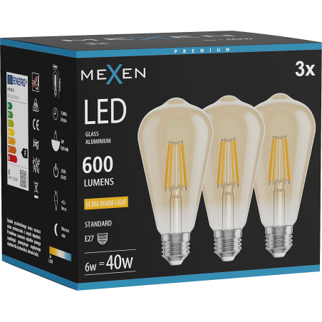 Mexen Vintis 3x LED filamentlampa E27, ST64, 6W, Varm - 2200K, 600 lm, amber - L152-E27-0622-50x03