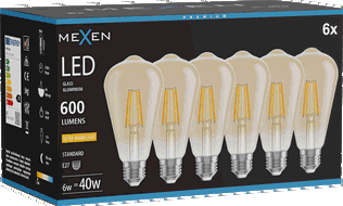 Mexen Vintis 6x Lampadina a filamento LED E27, ST64, 6W, Calda - 2200K, 600 lm, ambra - L152-E27-0622-50x06