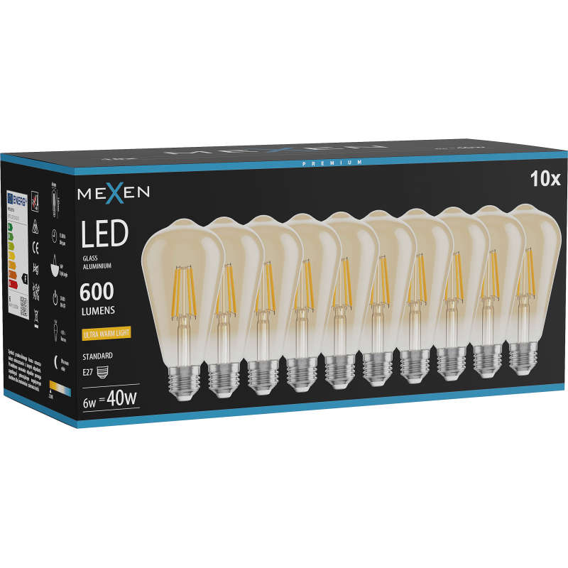 Mexen Vintis 10x LED kvēlspuldze E27, ST64, 6W, Silta - 2200K, 600 lm, dzintarkrāsas - L152-E27-0622-50x10