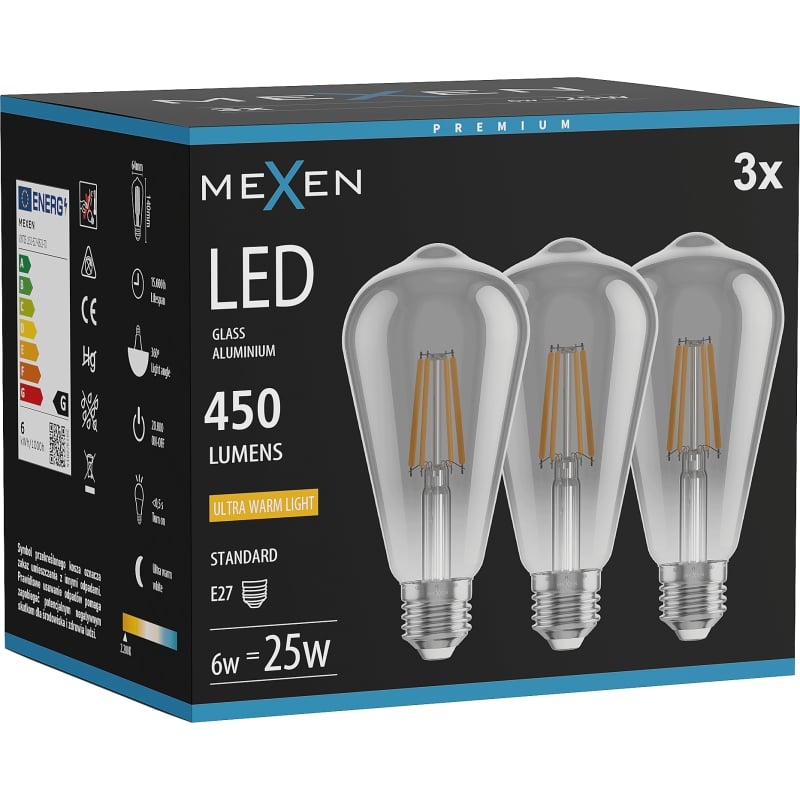Mexen Vintis 3x LED filamentlampa E27, ST64, 6W, Varm - 2200K, 450 lm, rök - L152-E27-0622-70x03