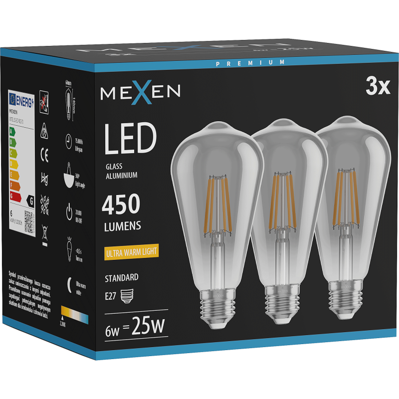 Mexen Vintis 3x LED Žarnica Filament E27, ST64, 6W, Topla - 2200K, 450 lm, dimljena - L152-E27-0622-70x03