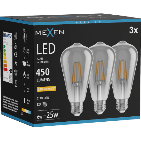 Mexen Vintis 3x Bombilla filament LED E27, ST64, 6W, Cálida - 2200K, 450 lm, humo - L152-E27-0622-70x03