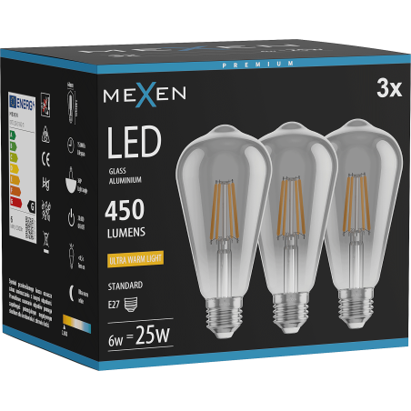 Mexen Vintis 3x żarówka filament LED E27, ST64, 6W, Ciepła - 2200K, 450 lm, smoke - L152-E27-0622-70x03