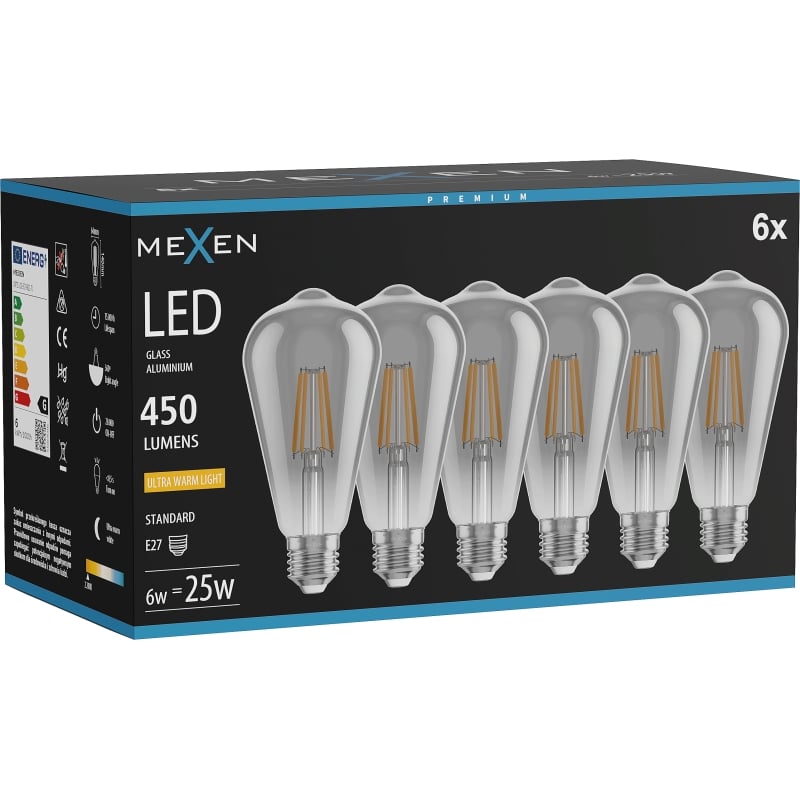 Mexen Vintis 6x lampadina a filament LED E27, ST64, 6W, Calda - 2200K, 450 lm, fumé - L152-E27-0622-70x06