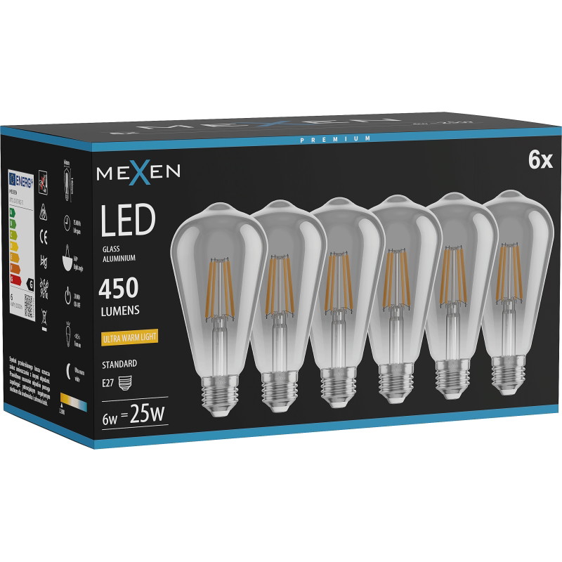 Mexen Vintis 6x LED-gloeilamp filament E27, ST64, 6W, Warm - 2200K, 450 lm, smoke - L152-E27-0622-70x06