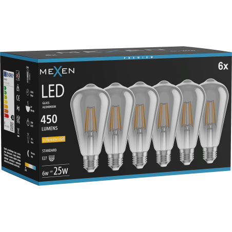 Mexen Vintis 6x Λαμπτήρας νήματος LED E27, ST64, 6W, Θερμό - 2200K, 450 lm, καπνιστό