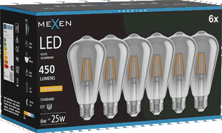 Mexen Vintis 6x LED-filamenttilamppu E27, ST64, 6W, Lämmin - 2200K, 450 lm, savunvärinen - L152-E27-0622-70x06